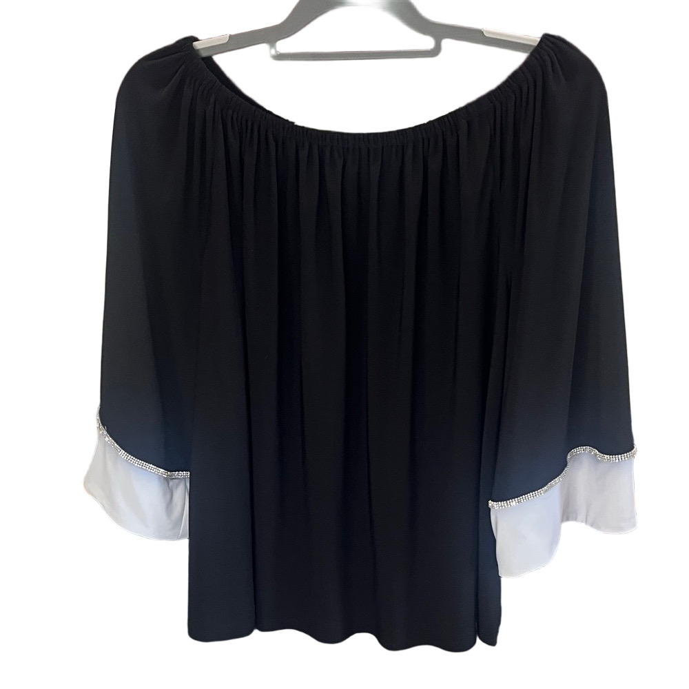 Roz & Ali Black and White Off-Shoulder Top with crystal detail on sleeves
